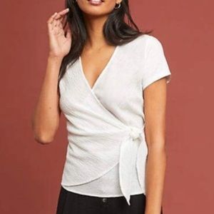Anthropologie White Wrap Blouse Top